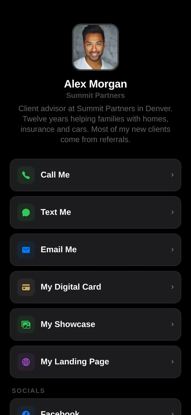 Personal link page with call, text, card and showcase links