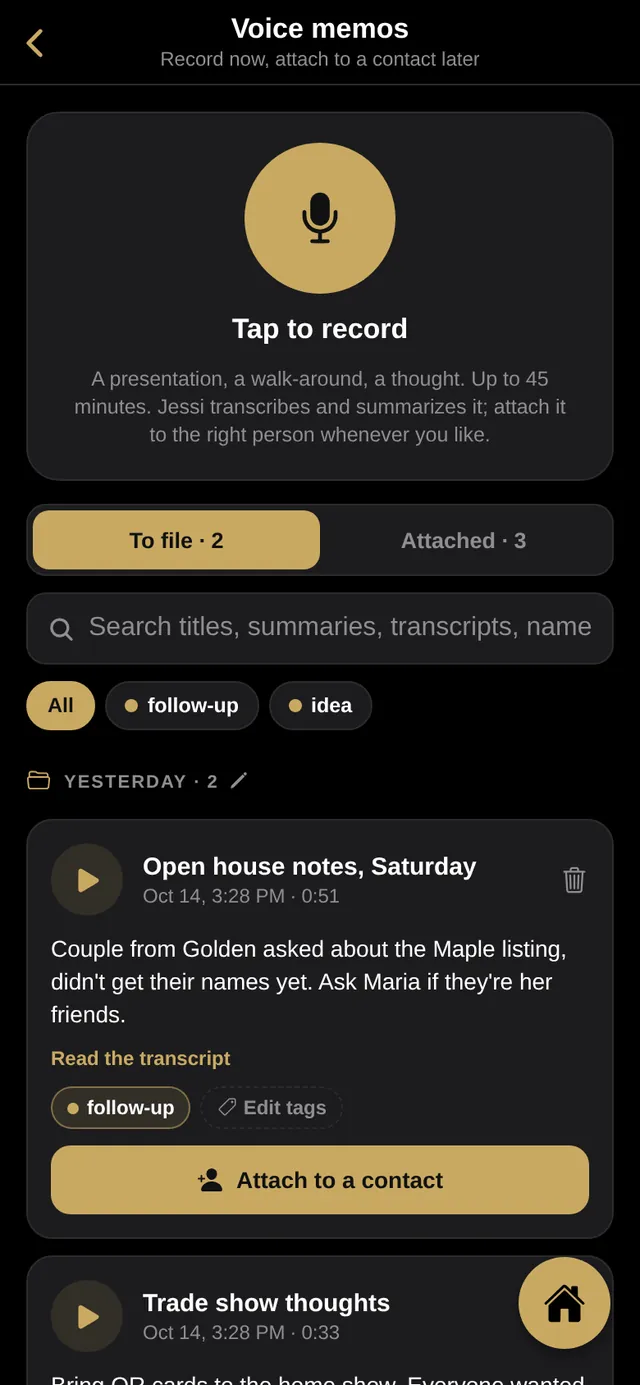 Voice memos screen with a large record button